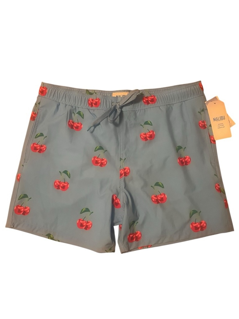 Malibu Men's Light Blue Cherry Print Swim Trunks - XL - NWT - Stretch